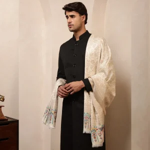 Indian Pashmina Soft Wool Shawl White Floral Cashmere Stole - Image 3