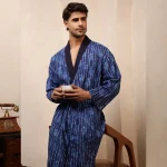 Indigo Blue Polka Dot Print Bath Robe Men Cotton Kimono - Image 2