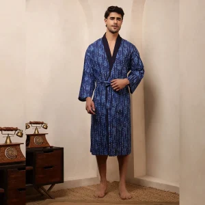 Indigo Blue Polka Dot Print Bath Robe Men Cotton Kimono - Image 3