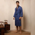 Indigo Blue Polka Dot Print Bath Robe Men Cotton Kimono - Image 4