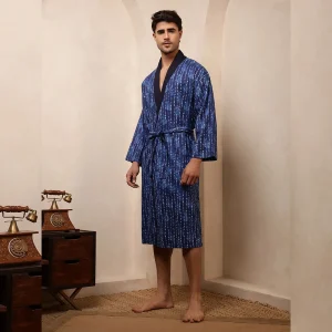 Indigo Blue Polka Dot Print Bath Robe Men Cotton Kimono - Image 4