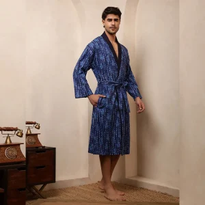 Indigo Blue Polka Dot Print Bath Robe Men Cotton Kimono - Image 5