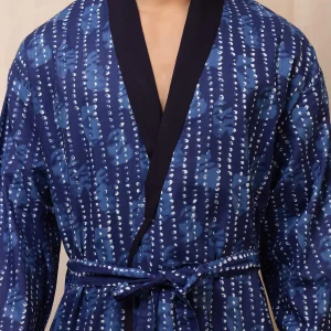 Indigo Blue Polka Dot Print Bath Robe Men Cotton Kimono - Image 7