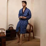 Indigo Blue Polka Dot Print Bath Robe Men Cotton Kimono