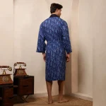 Indigo Blue Polka Dot Print Bath Robe Men Cotton Kimono - Image 6