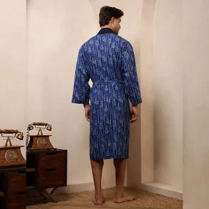 Indigo Blue Polka Dot Print Bath Robe Men Cotton Kimono - Image 6