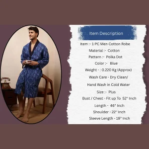 Indigo Blue Polka Dot Print Bath Robe Men Cotton Kimono - Image 8