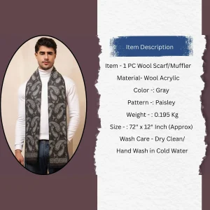 Kashmiri Soft Wool Gray Paisley Men's Muffler / Scarf - Image 8