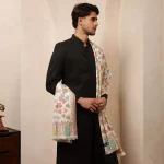 Kullu White Leaf Designs Men's Wool Shawl - Image 3