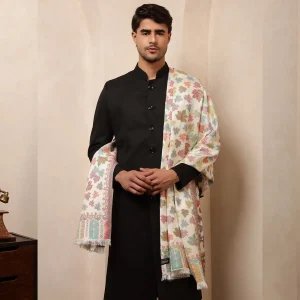 Kullu White Leaf Designs Men's Wool Shawl - Image 4