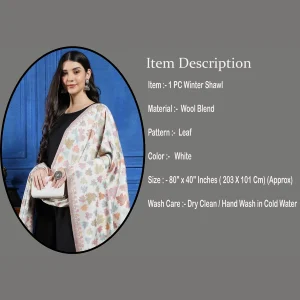 Luxurious White Leaf Wrap Pashmina Style Shawl 80" - Image 7