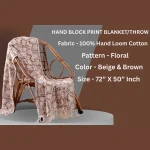 Luxury Brown Hand Block Floral Print Cotton Throw/ Blanket - Image 3