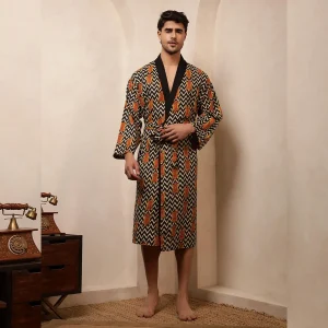 Luxury Zig Zag & Tiger Print Men's Bath Robe Black Kimono - Image 3
