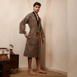 Luxury Zig Zag & Tiger Print Men's Bath Robe Black Kimono - Image 5