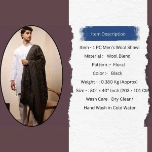 Men's Black Floral Design Shawl Soft Wool Stole - Image 11