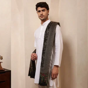 Men's Black Floral Design Shawl Soft Wool Stole - Image 5