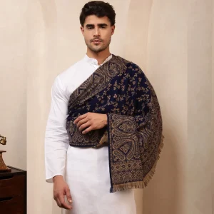 Men's Blue Shawl, Jamawar Floral Pattern Kashmiri Shawl - Image 3