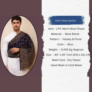 Men's Blue Shawl, Jamawar Floral Pattern Kashmiri Shawl - Image 11