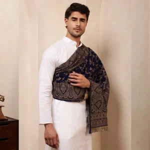 Men's Blue Shawl, Jamawar Floral Pattern Kashmiri Shawl - Image 4