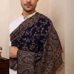 Men's Blue Shawl, Jamawar Floral Pattern Kashmiri Shawl - Image 5