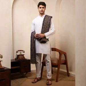 Men's Blue Shawl, Jamawar Floral Pattern Kashmiri Shawl - Image 8