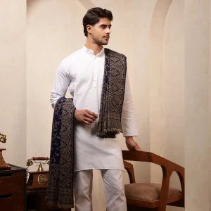 Men's Blue Shawl, Jamawar Floral Pattern Kashmiri Shawl - Image 6