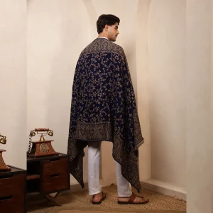 Men's Blue Shawl, Jamawar Floral Pattern Kashmiri Shawl - Image 10