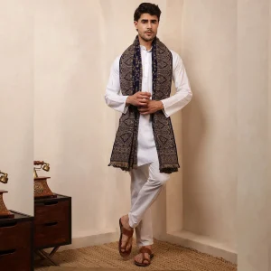 Men's Blue Shawl, Jamawar Floral Pattern Kashmiri Shawl - Image 7