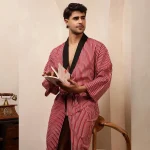 Men's Red & Black Striped Print Pure Cotton Kimono Bath Robe - Image 2