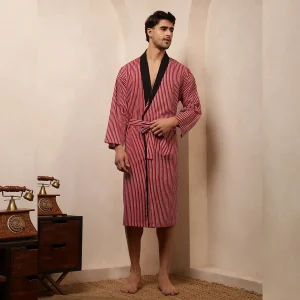 Men's Red & Black Striped Print Pure Cotton Kimono Bath Robe - Image 3