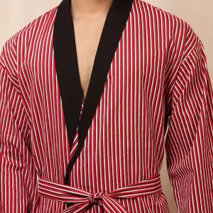 Men's Red & Black Striped Print Pure Cotton Kimono Bath Robe - Image 7