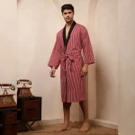 Men's Red & Black Striped Print Pure Cotton Kimono Bath Robe - Image 4