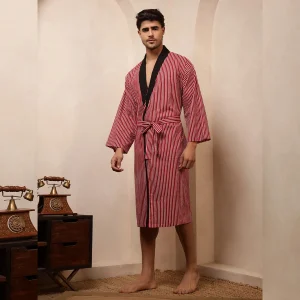 Men's Red & Black Striped Print Pure Cotton Kimono Bath Robe - Image 4