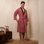 Men's Red & Black Striped Print Pure Cotton Kimono Bath Robe - Image 5