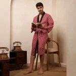 Men's Red & Black Striped Print Pure Cotton Kimono Bath Robe