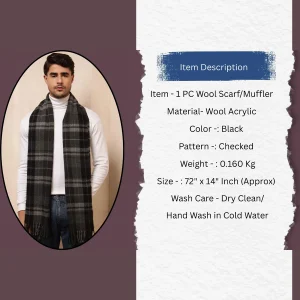 Men's Reversible Black Checked Scarf Winter Wool Muffler - Image 9