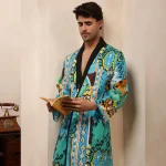 Men's Turquoise Ikat Print Bathrobe Pure Cotton Kimono - Image 2