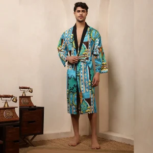 Men's Turquoise Ikat Print Bathrobe Pure Cotton Kimono - Image 3