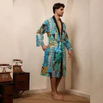 Men's Turquoise Ikat Print Bathrobe Pure Cotton Kimono - Image 4