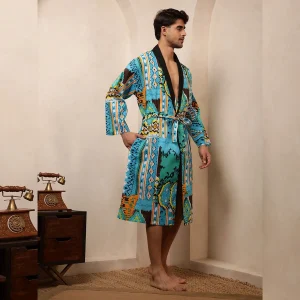 Men's Turquoise Ikat Print Bathrobe Pure Cotton Kimono - Image 4