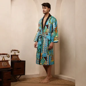 Men's Turquoise Ikat Print Bathrobe Pure Cotton Kimono - Image 5