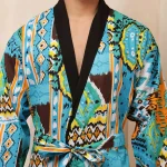 Men's Turquoise Ikat Print Bathrobe Pure Cotton Kimono - Image 7