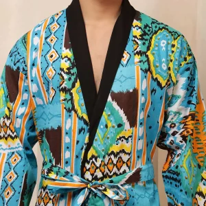 Men's Turquoise Ikat Print Bathrobe Pure Cotton Kimono - Image 7