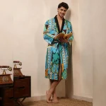 Men's Turquoise Ikat Print Bathrobe Pure Cotton Kimono