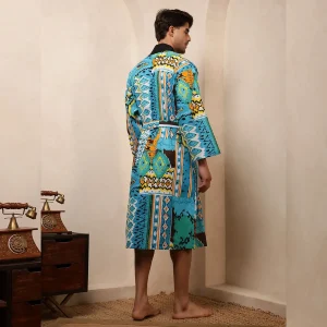 Men's Turquoise Ikat Print Bathrobe Pure Cotton Kimono - Image 6