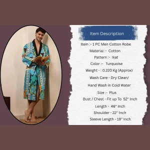 Men's Turquoise Ikat Print Bathrobe Pure Cotton Kimono - Image 8