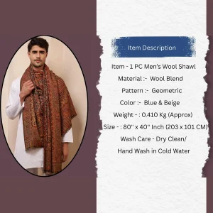 Mughal Geometric Pattern Wear Men's Cashmere Shawl - Image 10