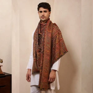 Mughal Geometric Pattern Wear Men's Cashmere Shawl - Image 3