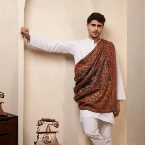 Mughal Geometric Pattern Wear Men's Cashmere Shawl - Image 4