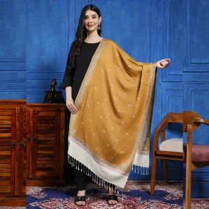 Mustard Floral Jamawar Stole Winter Neck Wool scarf - Image 4